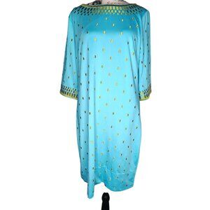 Gretchen Scott Medium Dress, Teal Blue, Gold, Embroidered Neckline, 3/4 Sleeve